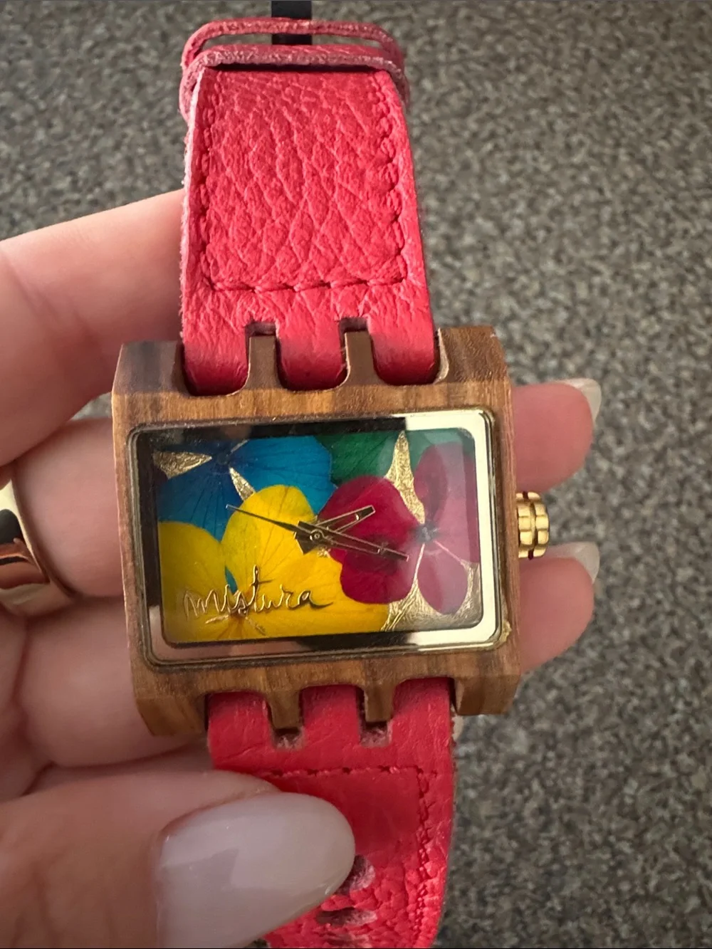 Red Leather Strap Women's Wood Case Watch